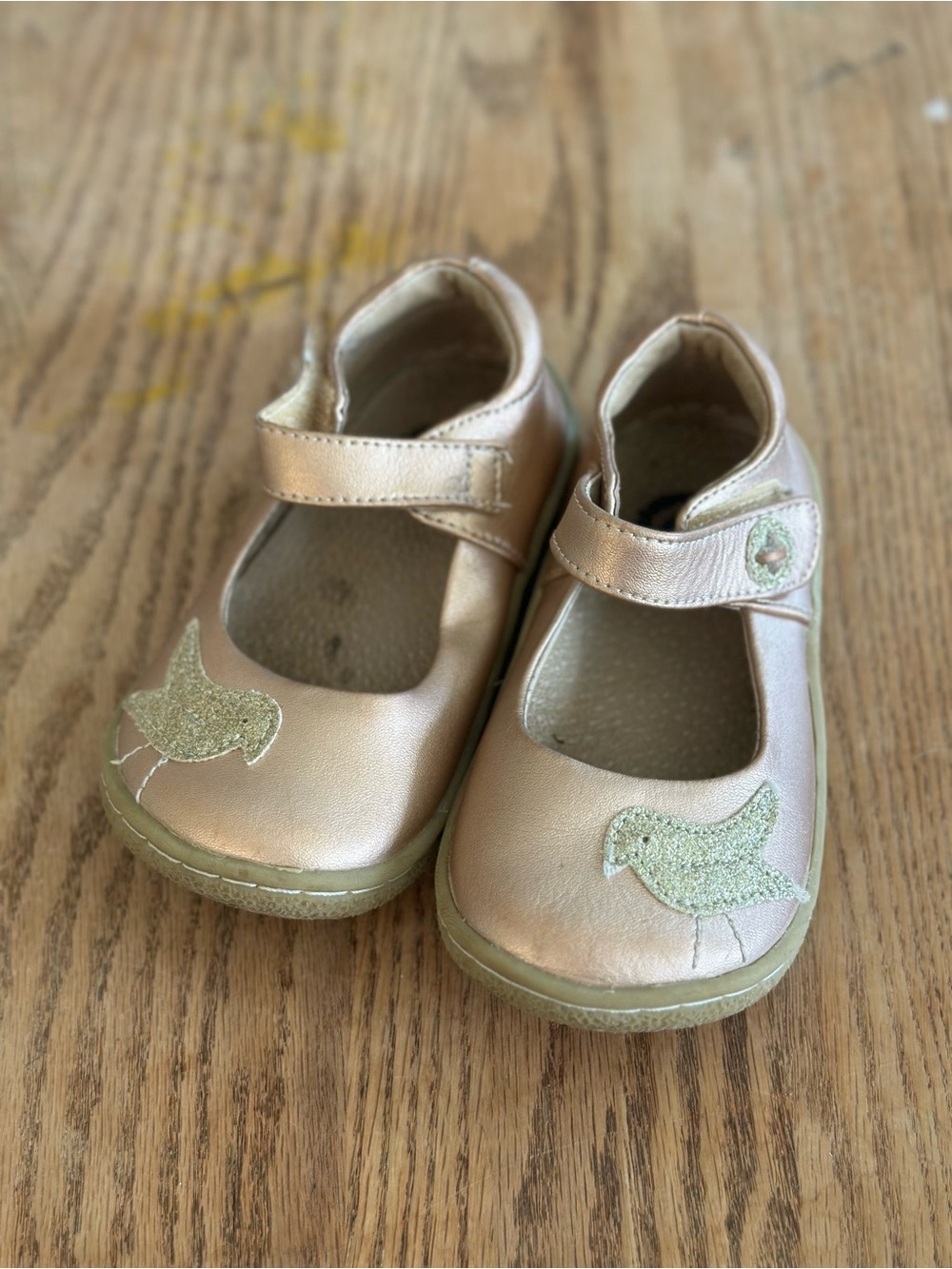 Livie & Luca Metallic Rose Gold Mary Janes with Glitter Bird Accent